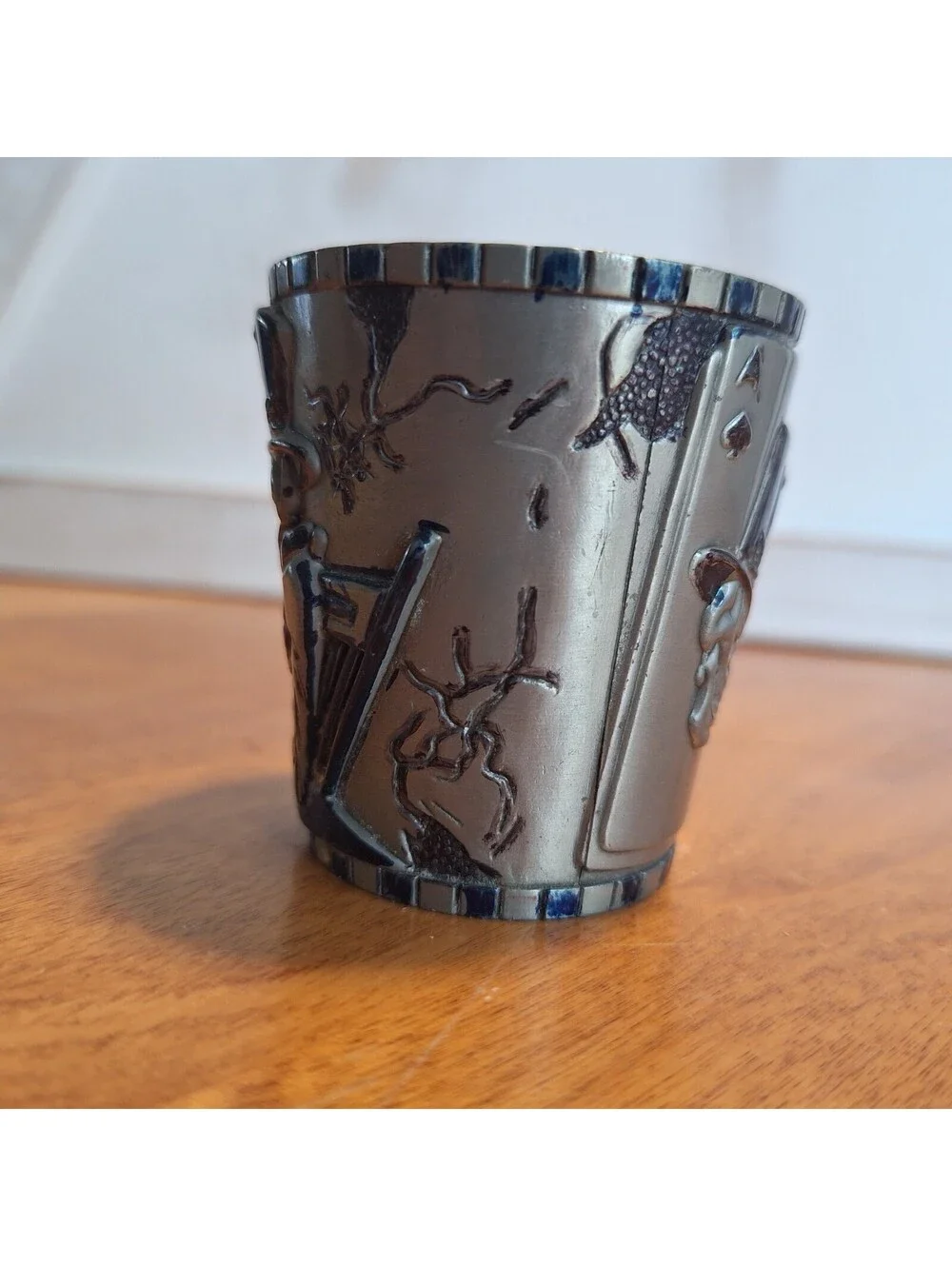 VTG Pewter Shot Glass Holder + Shot Glass Skeleton Gambler Spades Top Hat 2.25